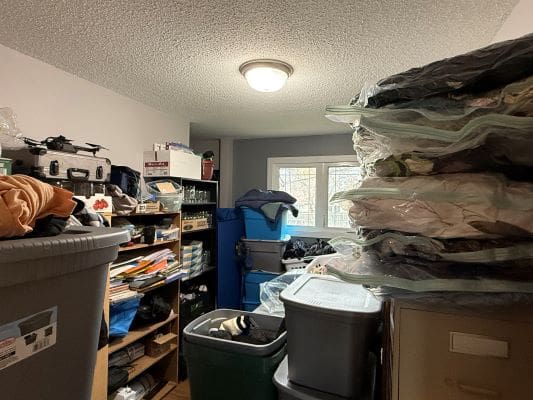 Cluttered storage room with bins and shelves.