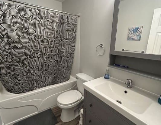 Small bathroom with patterned shower curtain.