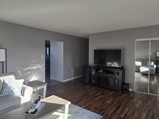 Modern living room with TV and sofa.