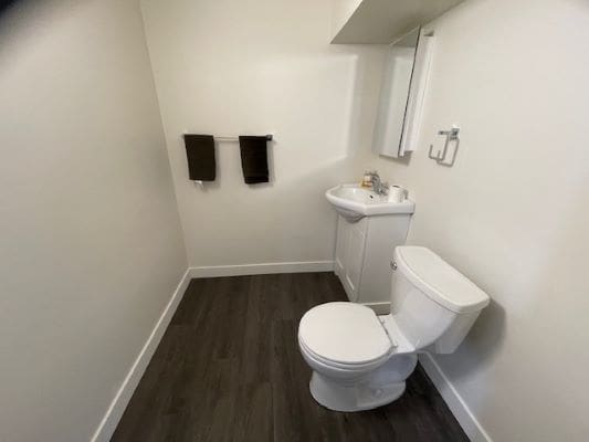 Minimalist bathroom with toilet and sink.