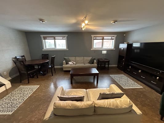 Living room with sofas and television.