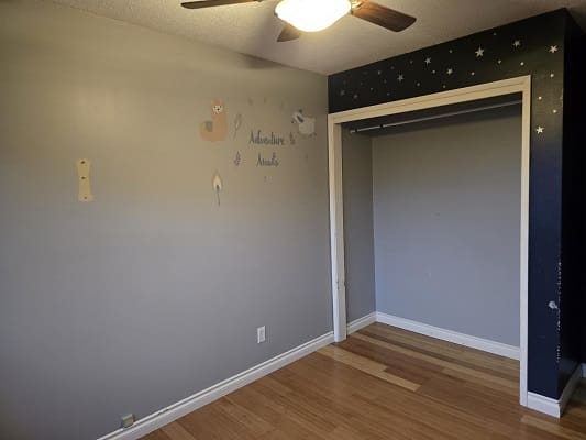 Empty room with closet and decorated wall.