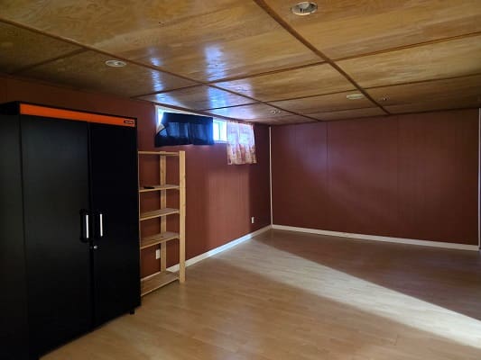 Basement room with wooden floor and shelves.