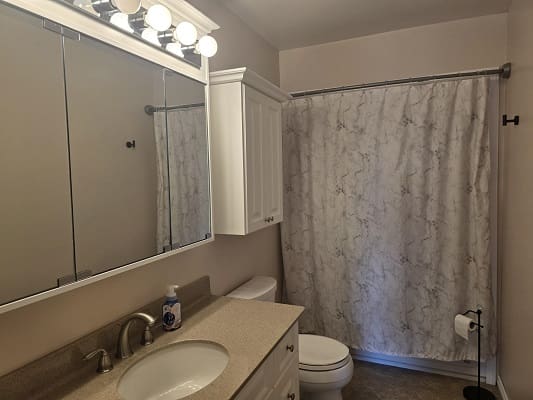 Modern bathroom with mirror and shower curtain.