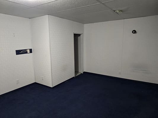 Empty room with blue carpet and door.