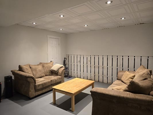 Basement room with sofas and coffee table.