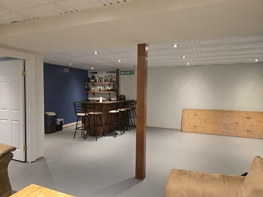 Basement room with bar and seating area.