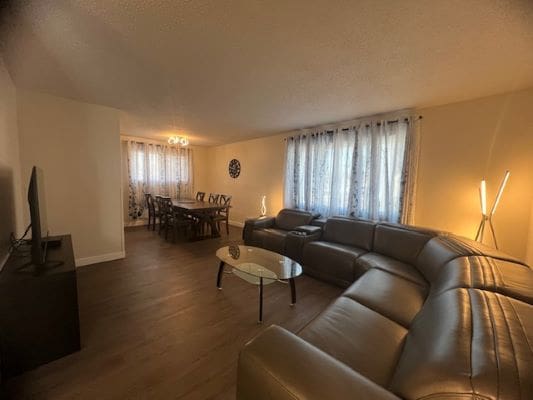 Spacious living room with leather sectional sofa.