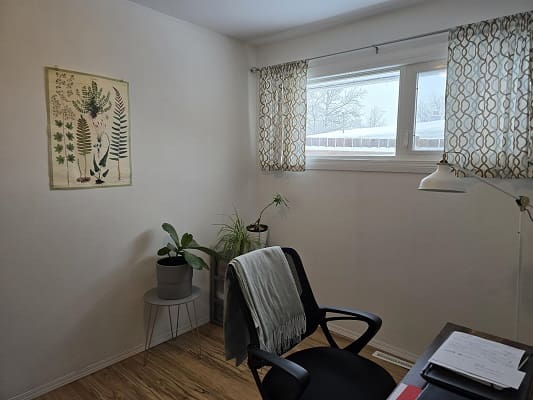 Simple home office with plants and window.