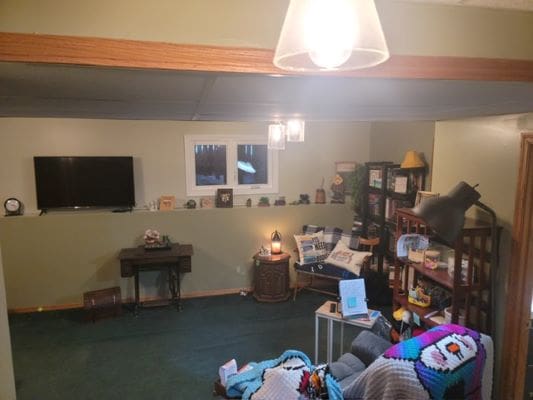 Cozy living room with colorful decor.