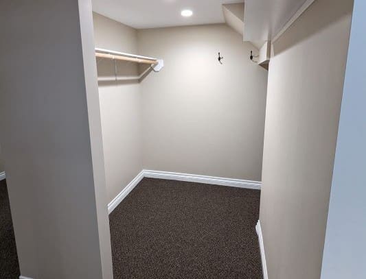 Empty walk-in closet with beige walls.