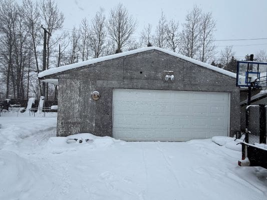 Snow-covered garage and surrounding trees.