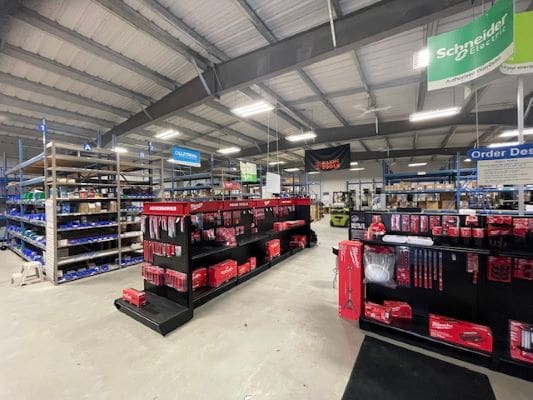 Warehouse with shelves of industrial supplies.