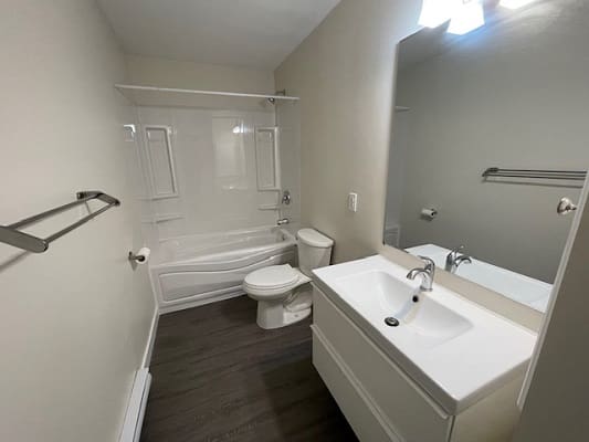 Modern bathroom with white fixtures and mirror.