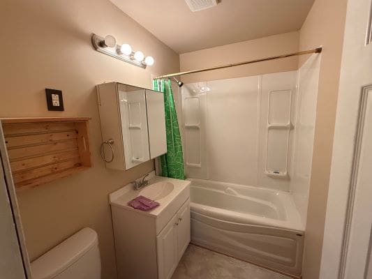 Small bathroom with shower and green curtain.