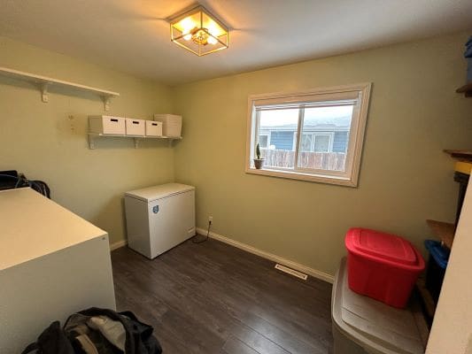 Laundry room with freezer and storage boxes.