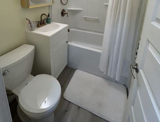 Small bathroom with white fixtures and rug.