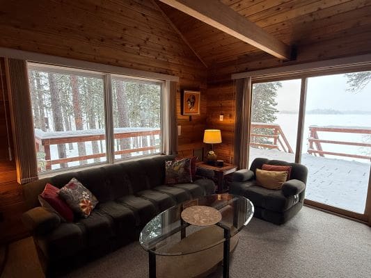 Cozy cabin living room with snowy view.