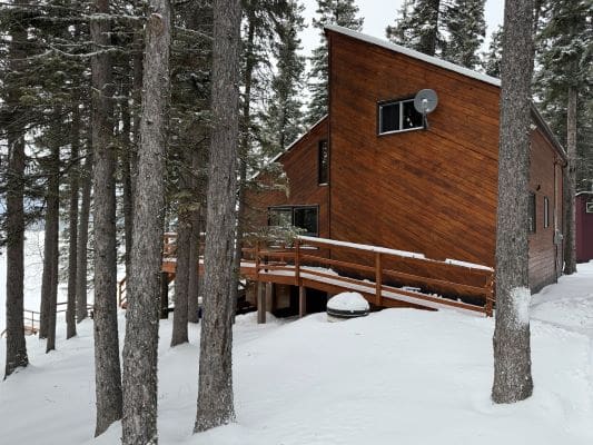 Wooden cabin surrounded by snow-covered trees.