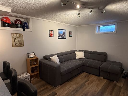 Cozy basement room with gray sectional sofa.