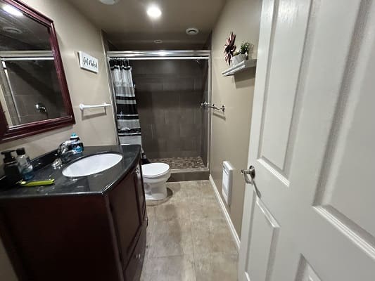 Modern bathroom with shower and vanity.