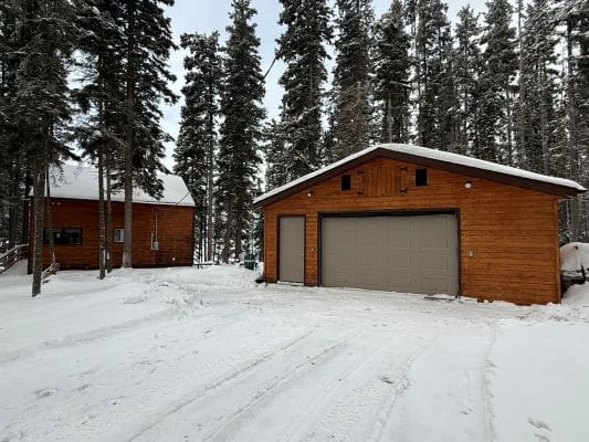 Cabins in snowy forest with garage.