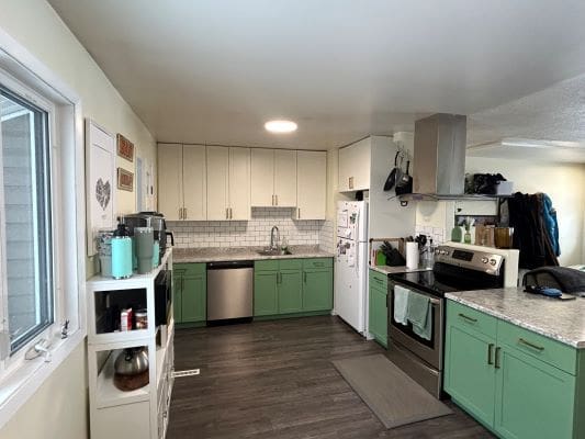 Modern kitchen with green and white cabinets.