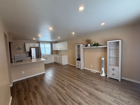 Modern kitchen with wooden flooring and shelves.