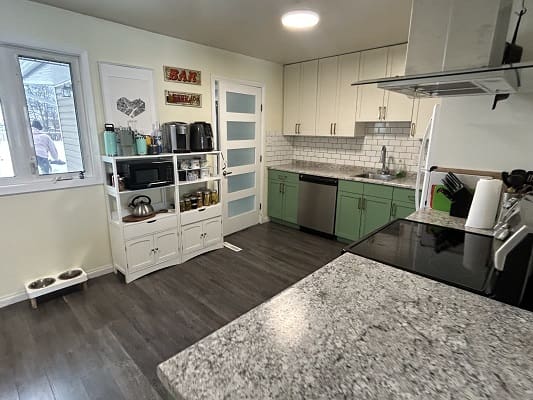 Modern kitchen with green cabinets and shelves.