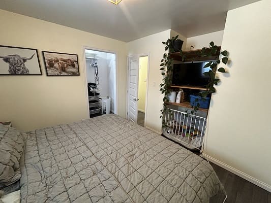 Bedroom with bed, artwork, and wall-mounted TV.