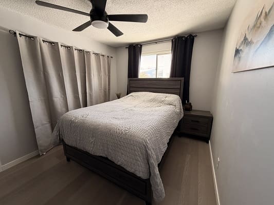 Modern bedroom with bed and curtains.