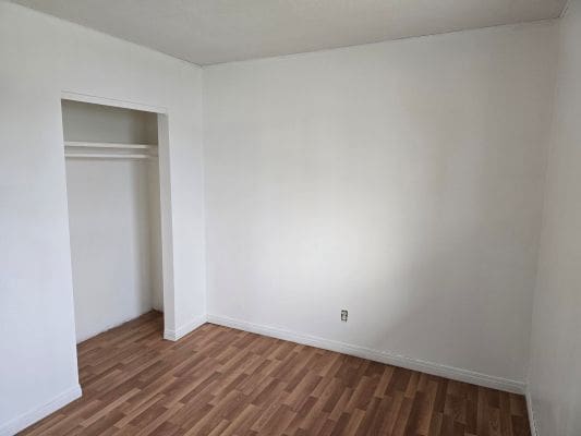 Empty room with wooden floor and closet.