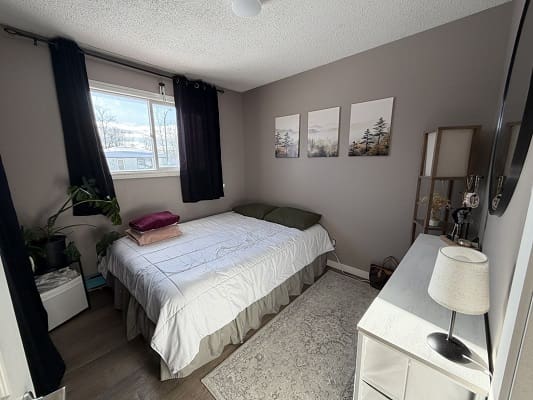 Cozy bedroom with bed and decor.