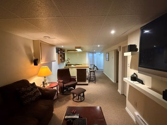 Cozy basement lounge with bar and seating.