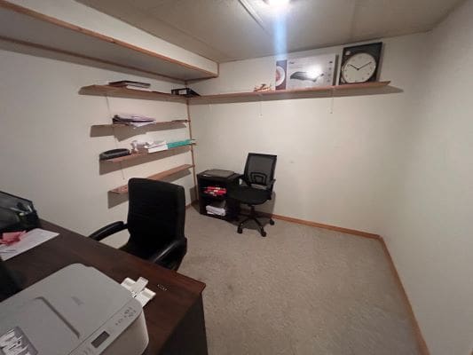 Simple home office with chairs and shelves.