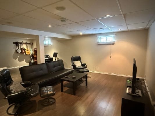 Basement lounge with musical instruments and TV.