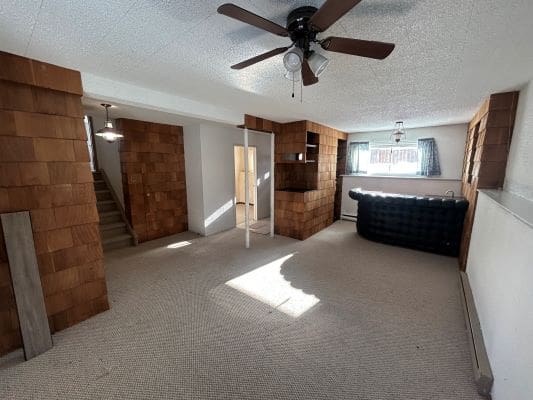 Open living room with ceiling fan.