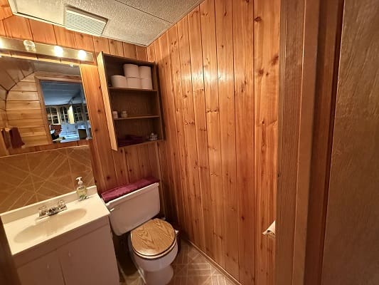 Wood-paneled bathroom with sink and toilet.