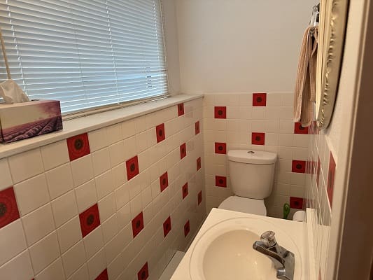 Bathroom with red and white tiled walls.