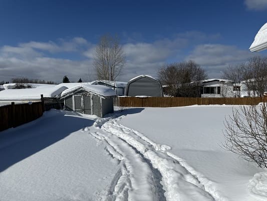 Snow-covered backyard with clear blue sky.