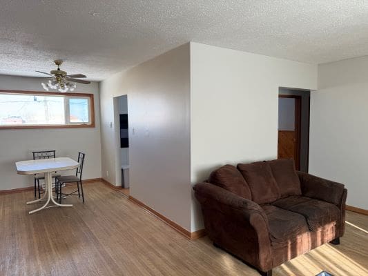 Living room with brown sofa and table.