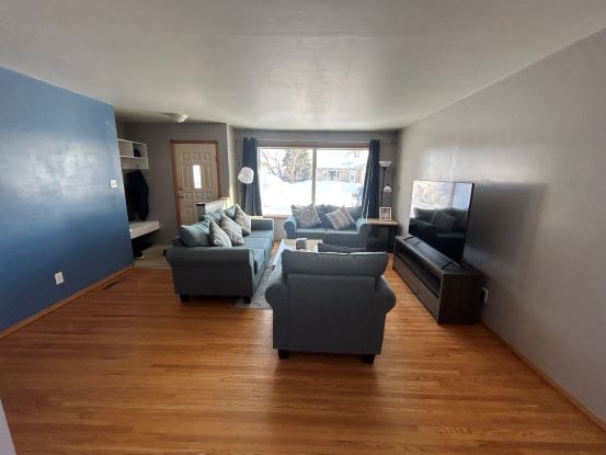 Living room with sofas and television.
