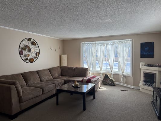 Living room with sectional sofa and fireplace.