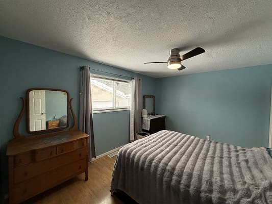 Bedroom with blue walls and ceiling fan.