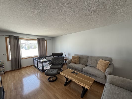 Living room with sofa and armchair.