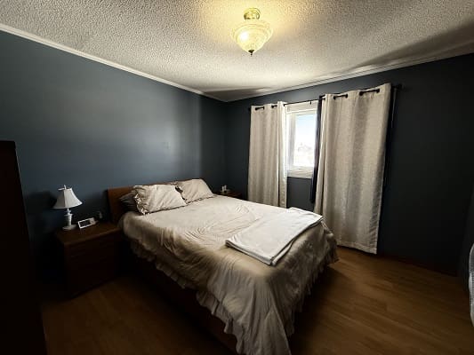 Cozy bedroom with dark walls and window.