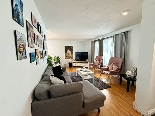 Modern living room with gray furniture decor.