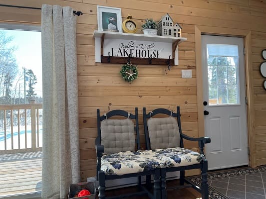 Cozy lake house interior with wooden decor.