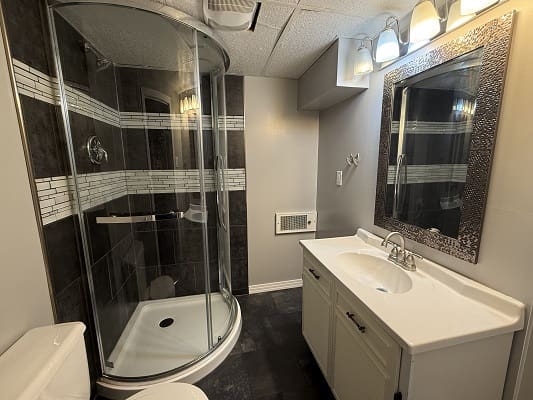 Modern bathroom with glass shower and vanity.