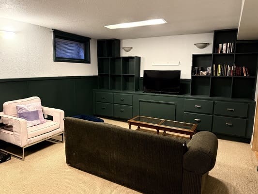 Basement living room with green shelves, couches.